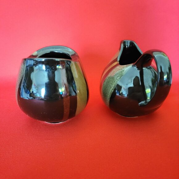 Sango Avanti Black Creamer and Sugar Set Ceramic Drip Glaze Mid Century Modern B - Picture 12 of 12